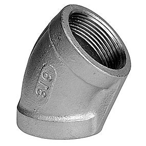 Vinkel 3/4’’ muffe-muffe. 45°. Støbt. Rustfri AISI 316