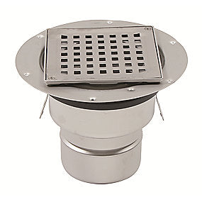 Blücher Square gulvafløb med lodret Ø110 mm udløb. Til klembane med membrandug. Beton og fliser. Rustfrit stål