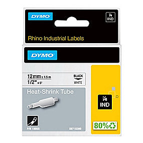 DYMO Rhino Tape Heat-Shrink Tube 12mm x 1,5M, Sort på Hvid
