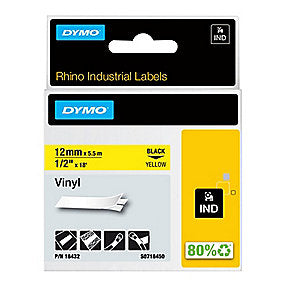 DYMO Rhino Tape Vinyl 12mm x 5,5M, Sort på Gul