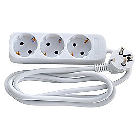 E-line 3-stikdåse 3G1,0 H05VV-F, med jord Schuko, 230V/16A, plastkabel, 1,5m, hvid