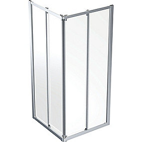 Contura Space brusevæg, kvadratisk brusevæg, hjørne brusevæg, 900x900x2000 mm brusevæg, sølvfarvet profil, klart glas, brusevæg med skydedøre, Contura brusekabine.