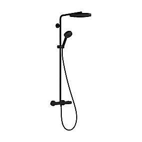 Hansgrohe Showerpipe Pulsify S Puro 260 1jet brusesystem i mat sort med hoved- og håndbruser, termostatisk blandingsbatteri og justerbar bruserstang.