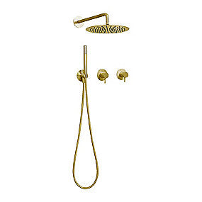 QTOO d line Circle termostat PVD Sampak med omskifter for indbygning, Ø300 hovedbruser. Poleret messing