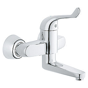 GROHE Euroeco spec håndvaskarmatur, forkromet håndvaskarmatur, vægmonteret armatur, sikkerhedsbatteri, 120mm greb, justerbar volumen, justerbar temperatur, EcoJoy, badeværelse, GROHE, VVS.