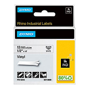 DYMO Rhino Tape Vinyl 12mm x 5,5M, Sort på Hvid