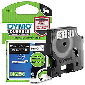DYMO D1 Durable Tape 12mm x 5,5M, Sort på Hvid