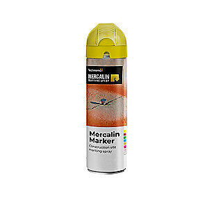 Mercalin markeringsspray 500ml FLUO gul, bl.a. til asfalt, beton, græs, grus, træ, sten & is