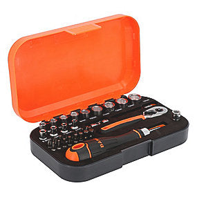 Bahco topnøglesæt 34 dele 1/4''. Med skraldeskruetrækker & diverse 1/4'' bits