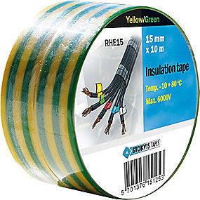 Stokvis PVC isoleringstape 15mmx10m,kraftig klæb,høj & lav temp. pak a 2 ruller. Gul/Grøn
