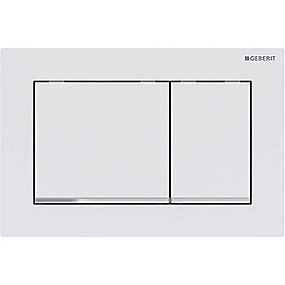 GEBERIT Omega30 betjeningsplade, dobbeltskyl betjeningsplade, hvid betjeningsplade, matlakeret betjeningsplade, easy-to-clean betjeningsplade, Geberit betjeningsplade, Omega cisterne betjeningsplade.