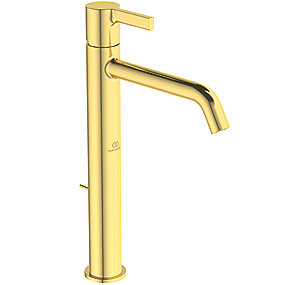 Ideal Standard JOY håndvaskarmatur, håndvaskarmatur, Ideal Standard armatur, høj model armatur, børstet guld armatur, med træk-op bundventil, VVS.