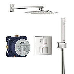 GROHE Grohtherm Cube termostatarmatur 158x158mm med hoved & håndbruser. Forkromet