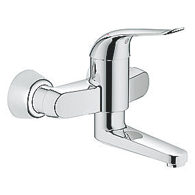 GROHE Euroeco speciel håndvaskarmatur, krom håndvaskarmatur, vægmonteret armatur, sikkerhedsbatteri, 120mm greb, justerbar volumen, justerbar temperatur, EcoJoy, svingbar tud, badeværelse, GROHE, VVS.
