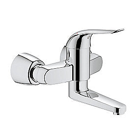 GROHE EuroEco Special Relaunch håndvaskarmatur, forkromet håndvaskarmatur, vægmonteret armatur, sikkerhedsbatteri, 120mm greb, justerbar volumen, minimumsmængde, svingbar tud, badeværelse, GROHE, VVS.