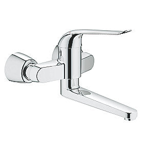 GROHE Euroeco Special håndvaskarmatur, krom håndvaskarmatur, vægmonteret armatur, sikkerhedsbatteri, 170mm greb, justerbar volumen, justerbar temperatur, EcoJoy, svingbar tud, badeværelse, GROHE, VVS.