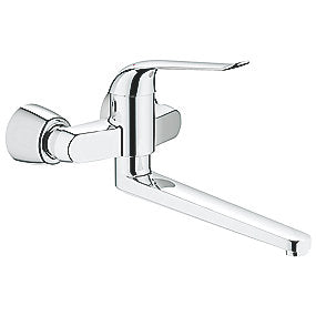 GROHE Euroeco speciel håndvaskarmatur, krom håndvaskarmatur, vægmonteret armatur, sikkerhedsbatteri, 170mm greb, justerbar volumen, justerbar temperatur, EcoJoy, svingbar tud, badeværelse, GROHE, VVS.